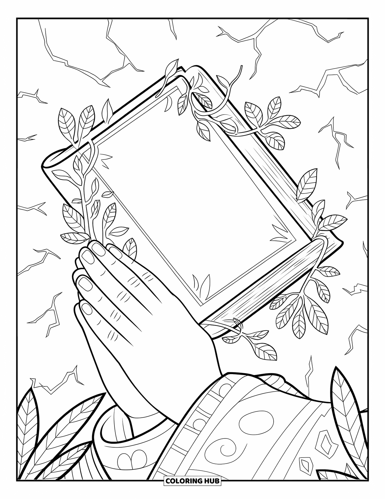 Christian Christmas Coloring Page for Adults: Praying hands hold a Bible with vines against a cracked wall full of details