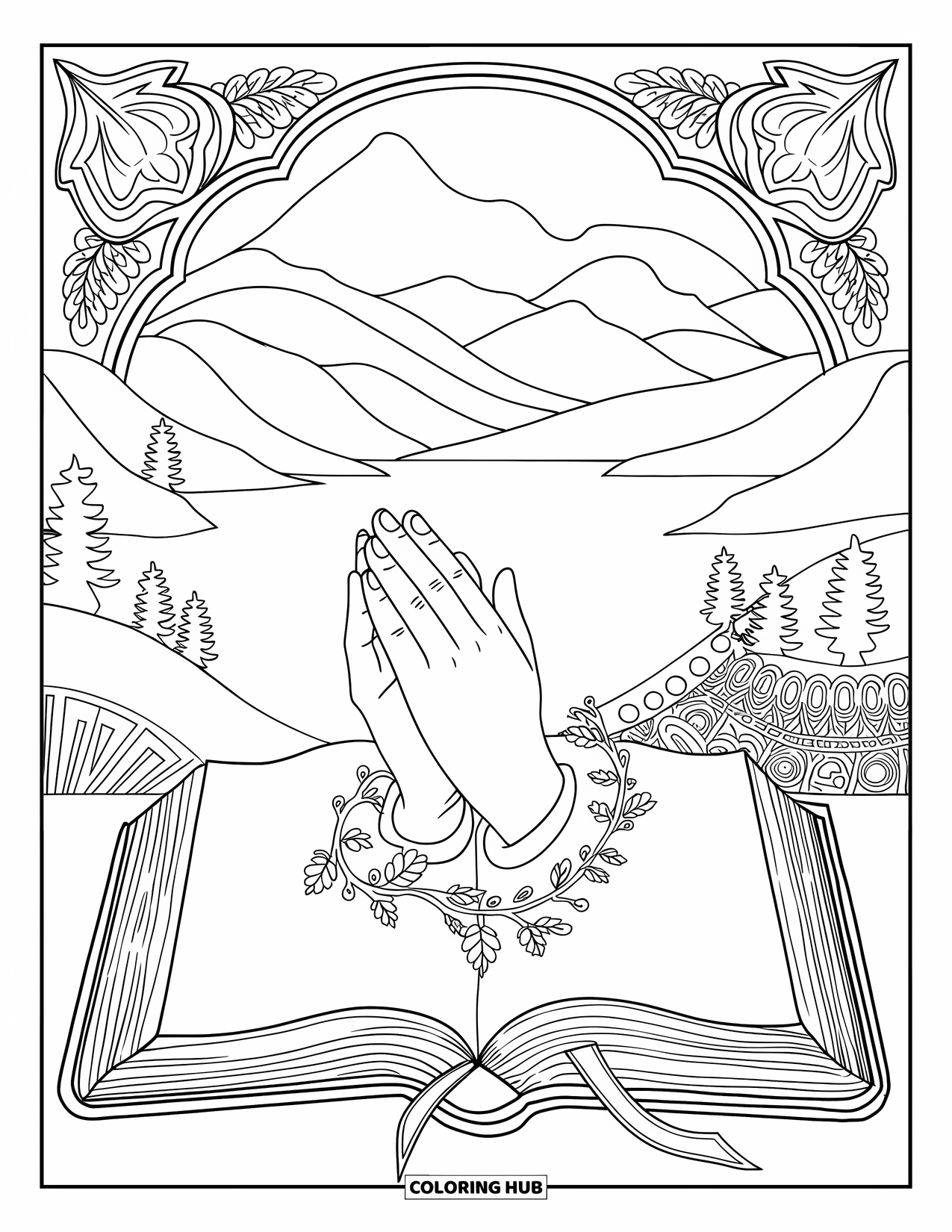 Christian Christmas Coloring Page for Adults: Praying hands rest on an open Bible with vines and a peaceful mountain scene