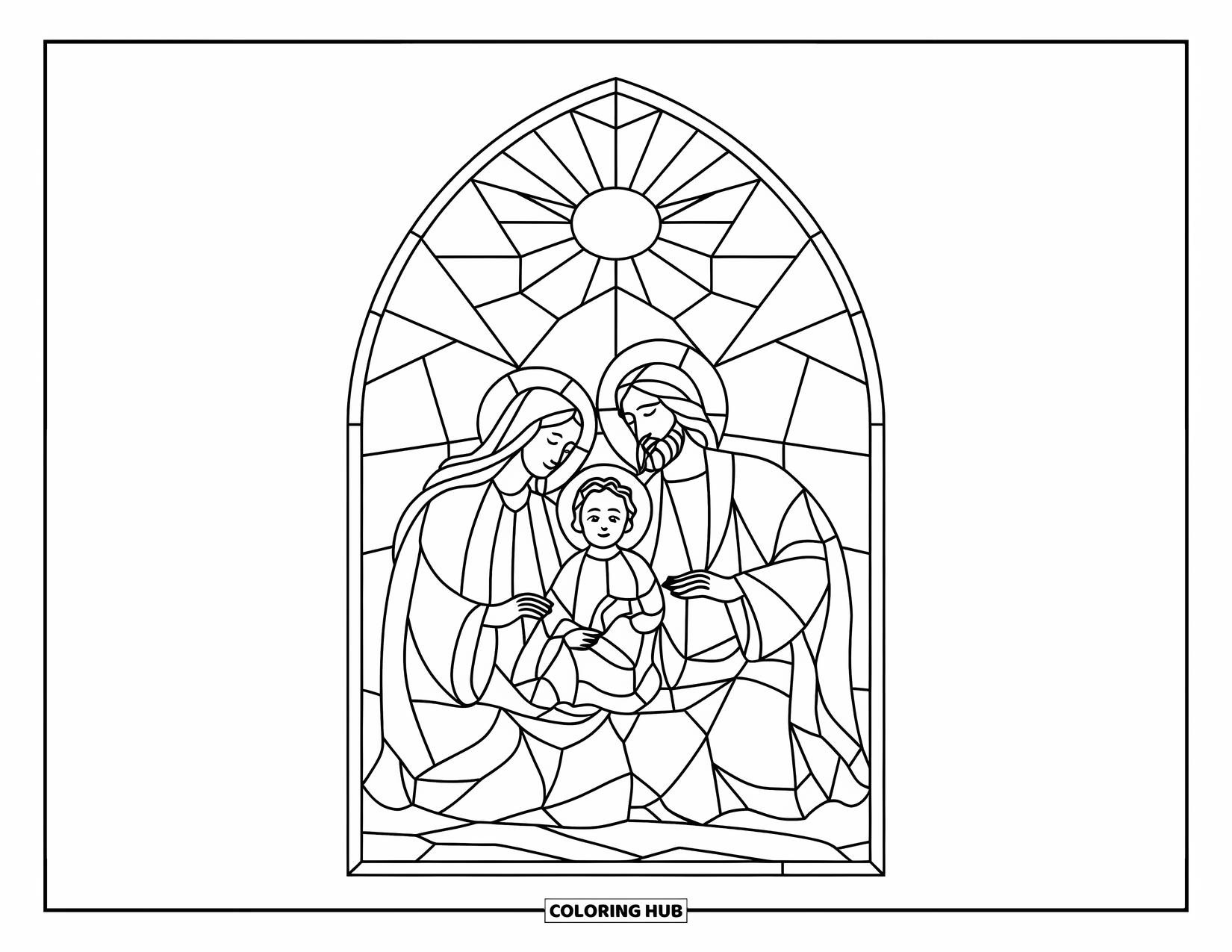 Christian Christmas Coloring Page for Adults: The Holy Family appears in a stained glass panel with bold outlines and a church setting