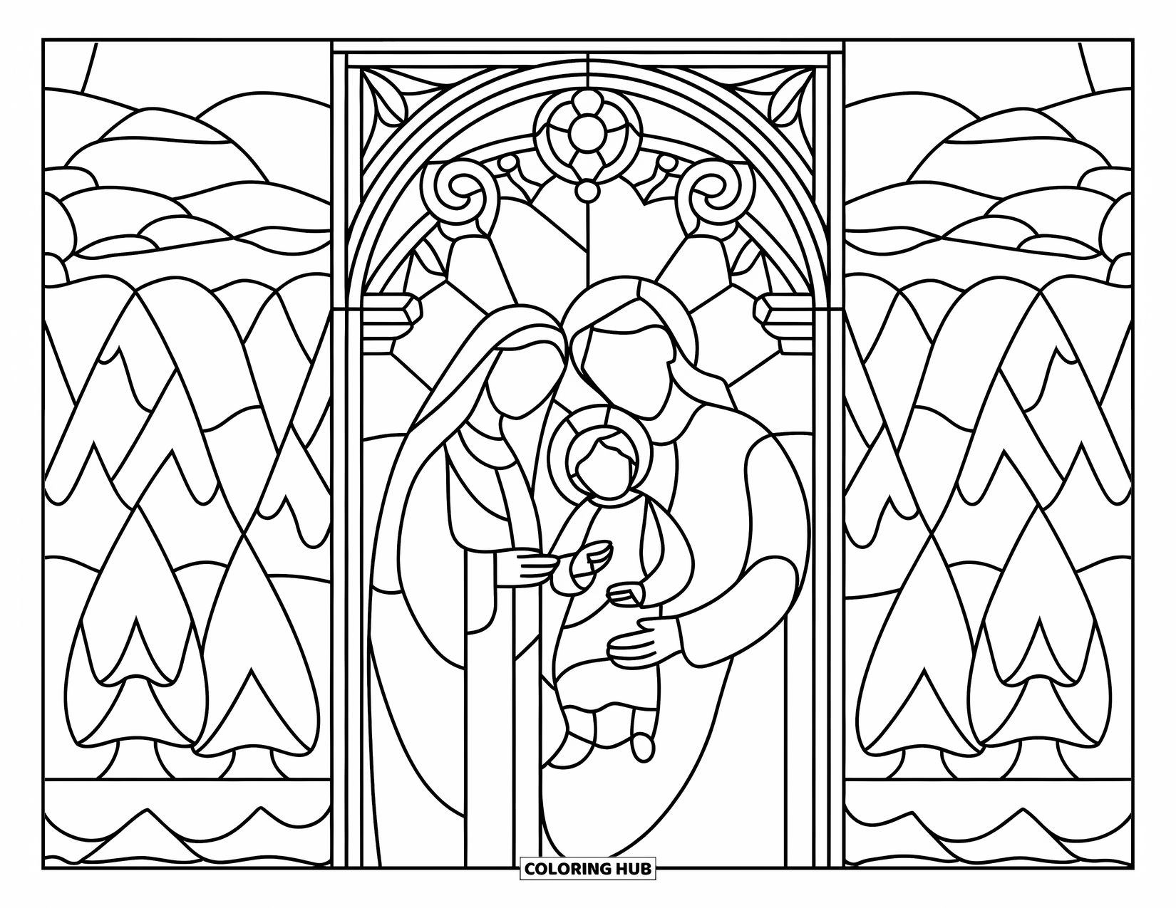 Christian Christmas Coloring Page for Adults: The Holy Family rests in stained glass with trees, mountains, and a peaceful church nearby