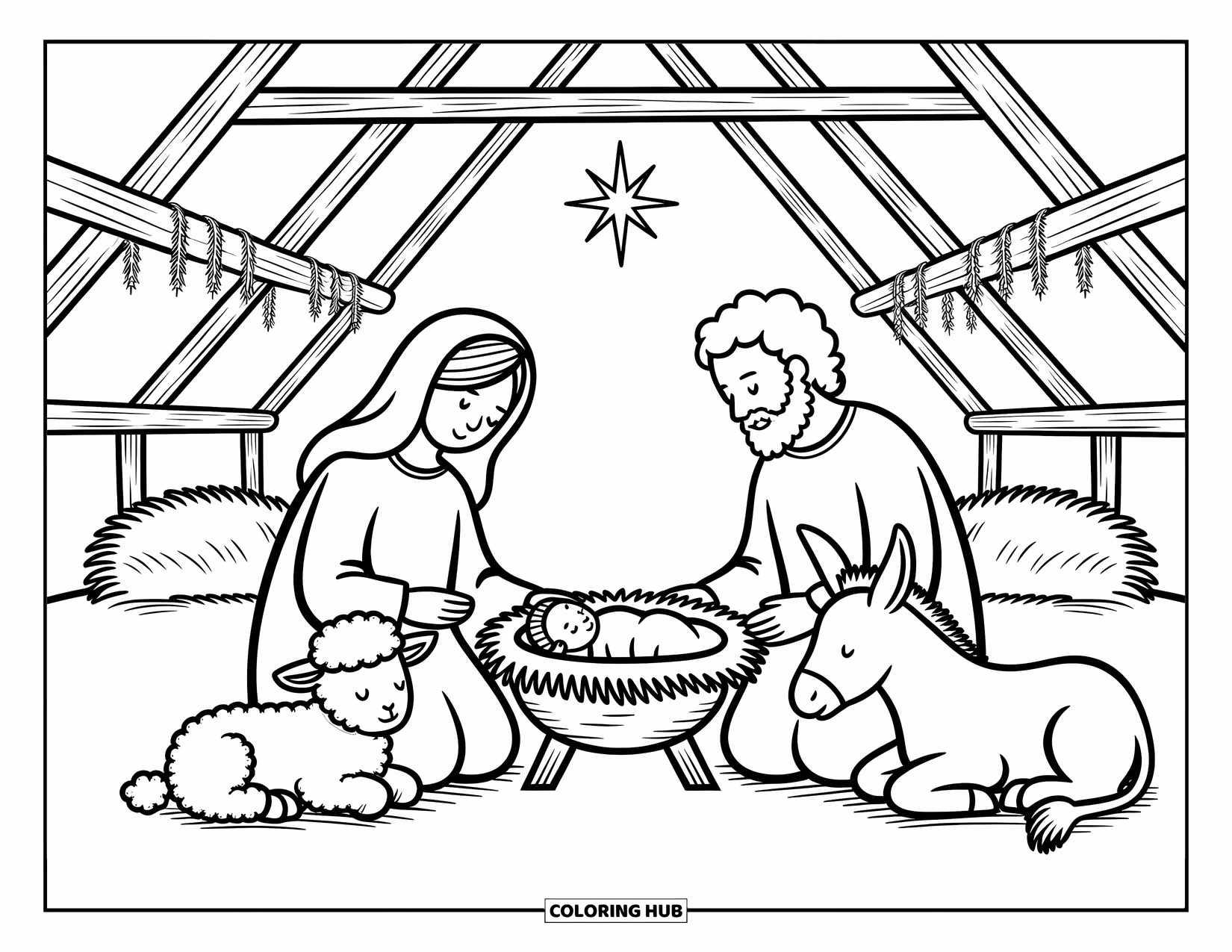 Christian Christmas Coloring Page for Adults: The Holy Family rests peacefully in a rustic stable under a soft, glowing star
