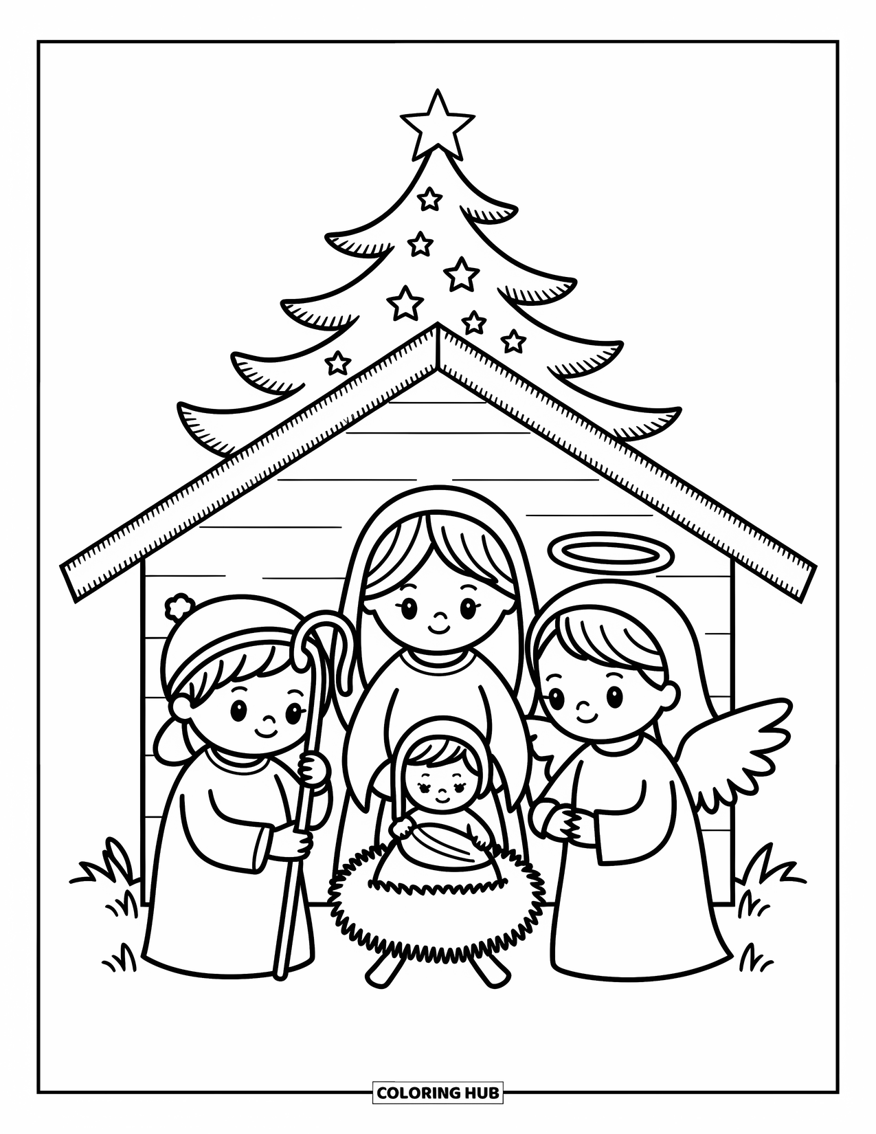 Christian Christmas Coloring Page for Adults: Three kids act out the Nativity beside a cozy tree and simple stable