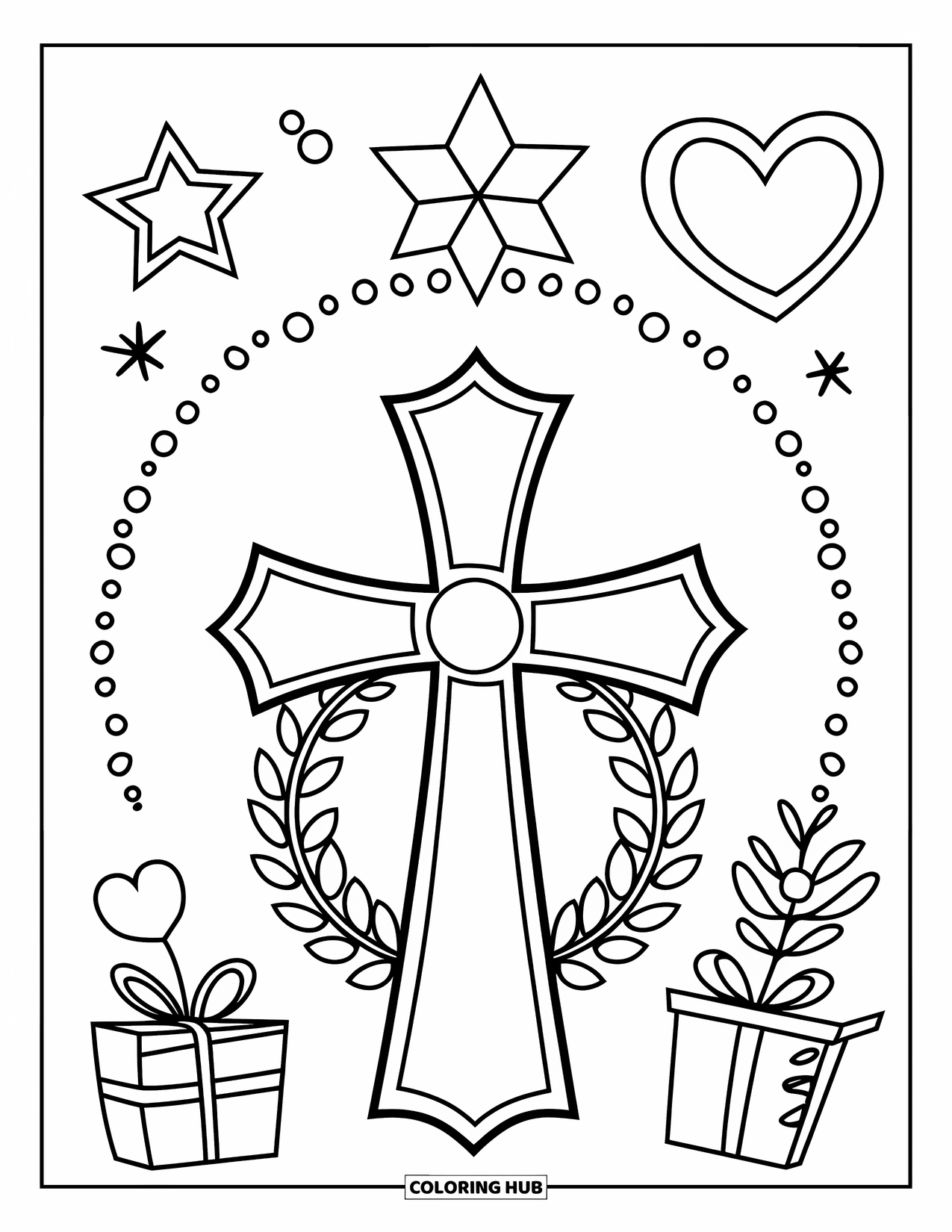 Christian Christmas Coloring Page for Kids: A big cross with a wreath and heart sits quietly in a white background