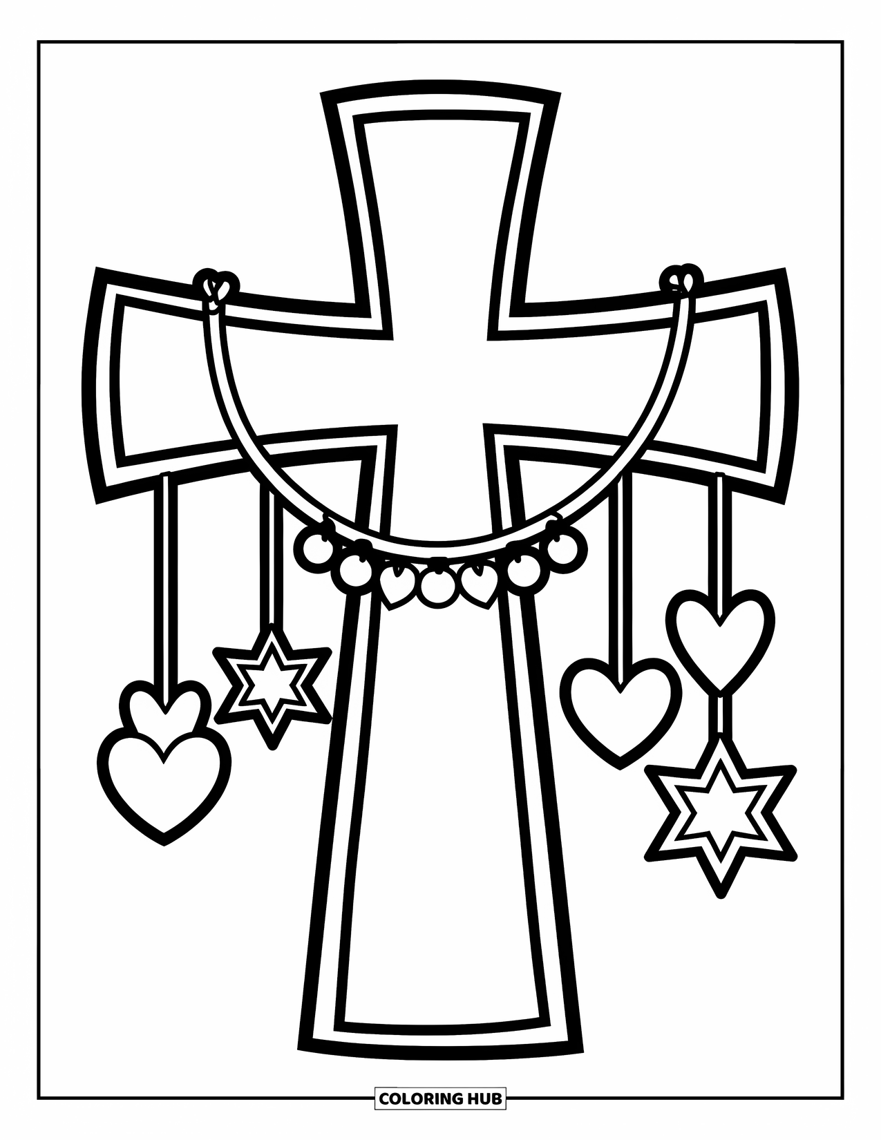 Christian Christmas Coloring Page for Kids: A bold cross holds stars and circles in a cheerful, festive Christmas setting