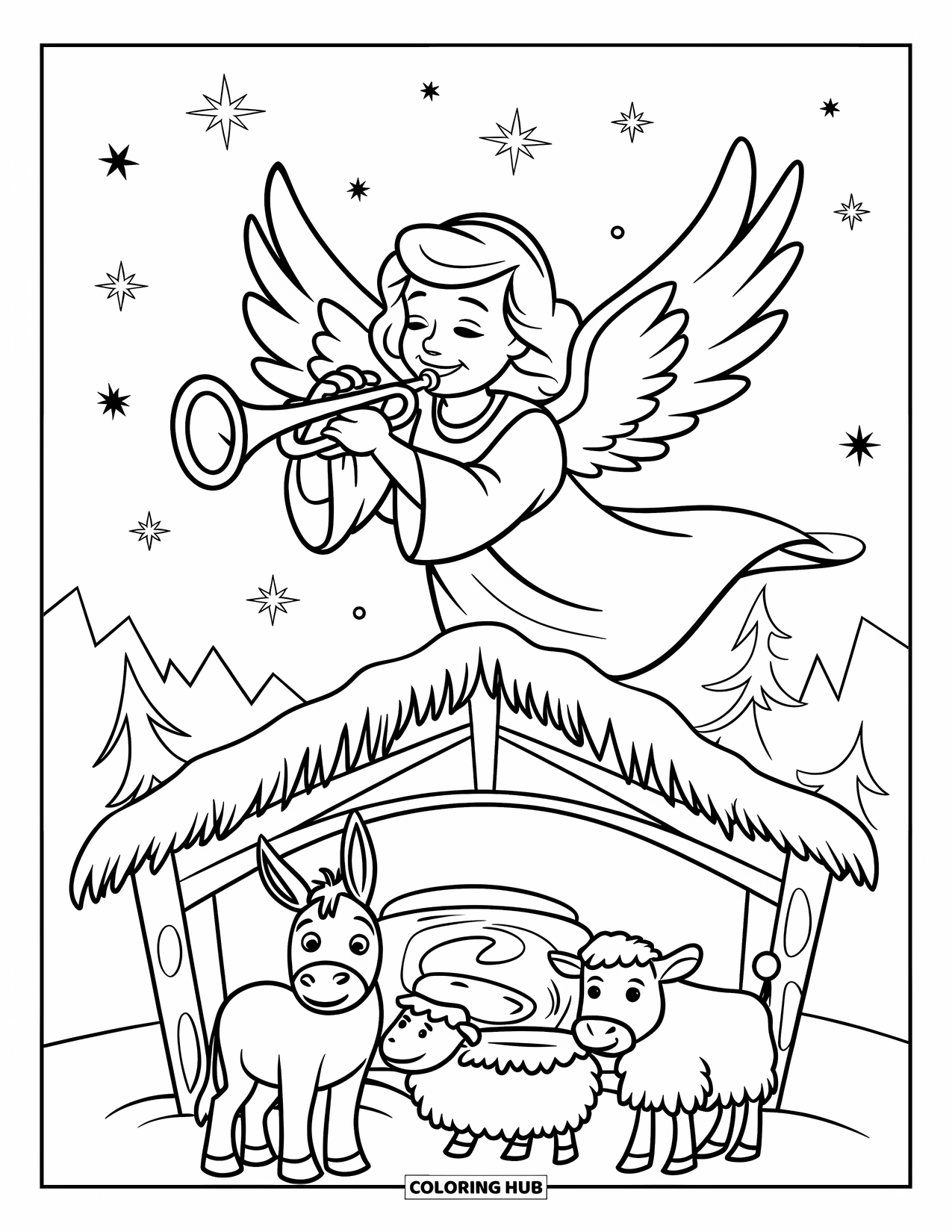 Christian Christmas Coloring Page for Kids: A cheerful angel plays a trumpet over a snowy stable filled with animals