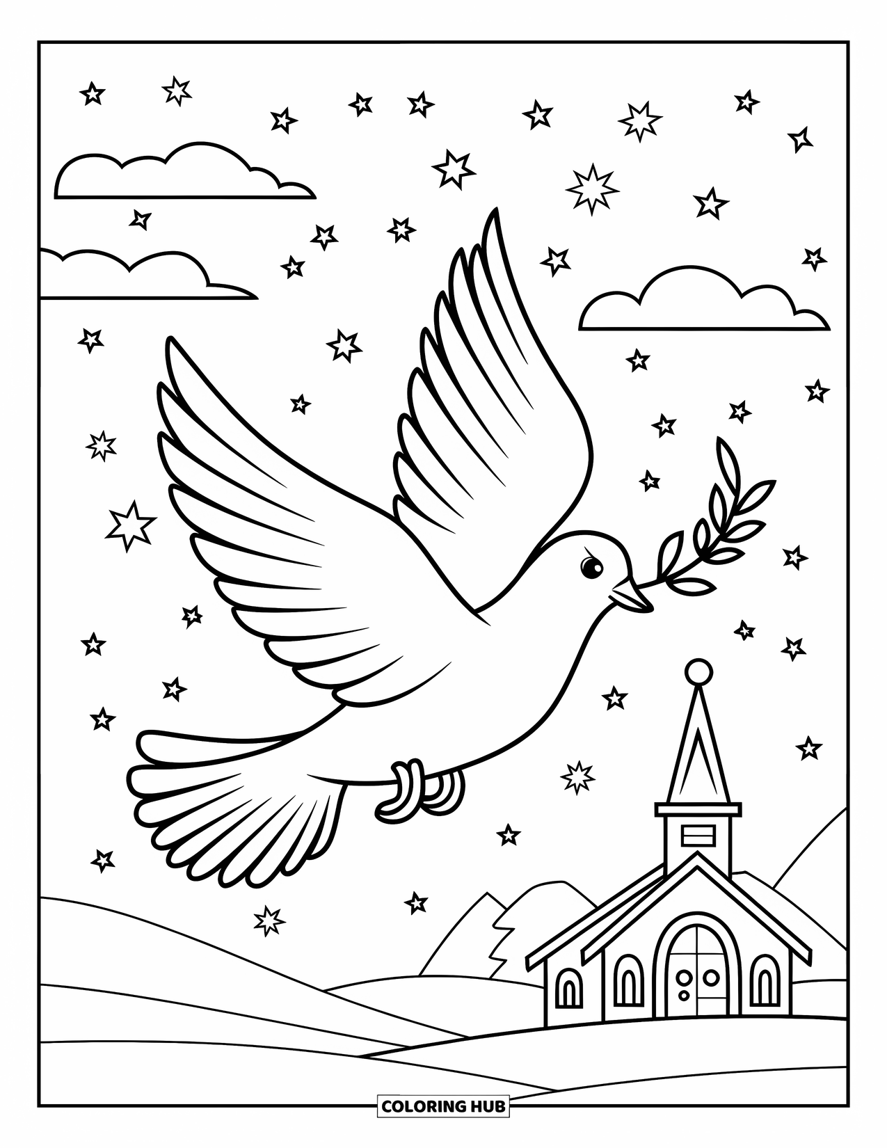 Christian Christmas Coloring Page for Kids: A dove flies with a branch over a church under stars and snowy skies