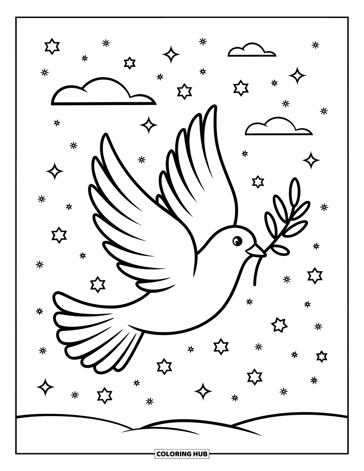 Christian Christmas Coloring Page for Kids: A dove with an olive branch soars through a snowy Christmas sky filled with stars