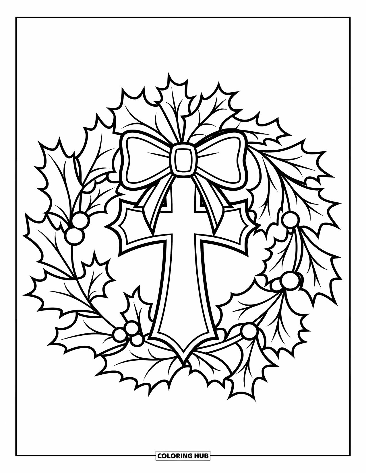 Christian Christmas Coloring Page for Kids: A festive wreath with a cross and bow hangs in a peaceful Christmas setting