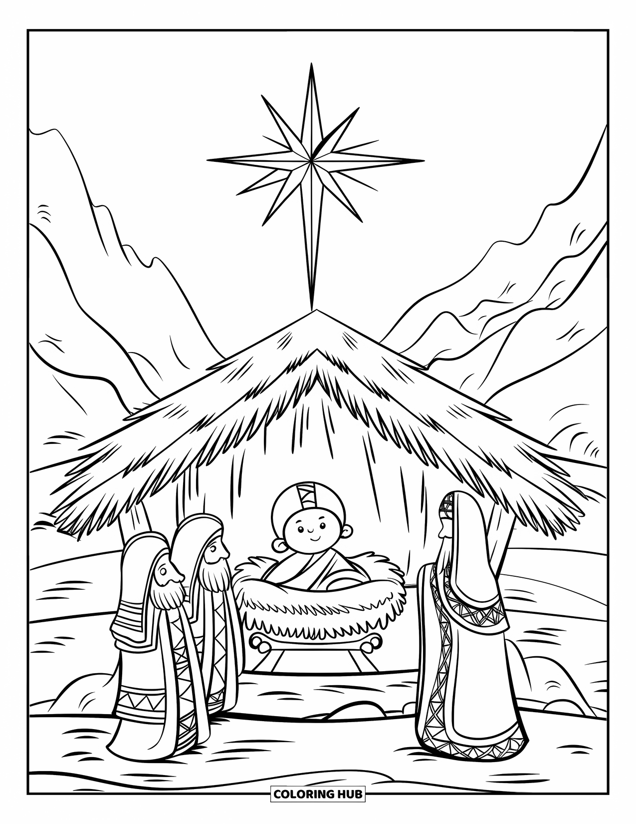 Christian Christmas Coloring Page for Kids: A glowing star shines over baby Jesus and wise men in a joyful Christmas manger
