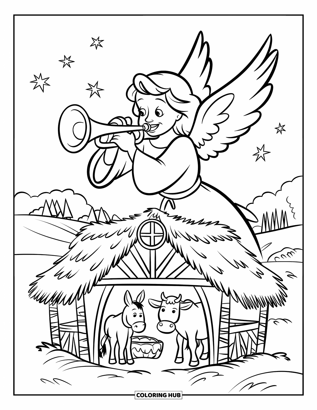 Christian Christmas Coloring Page for Kids: A happy angel trumpets above a stable with stars twinkling overhead