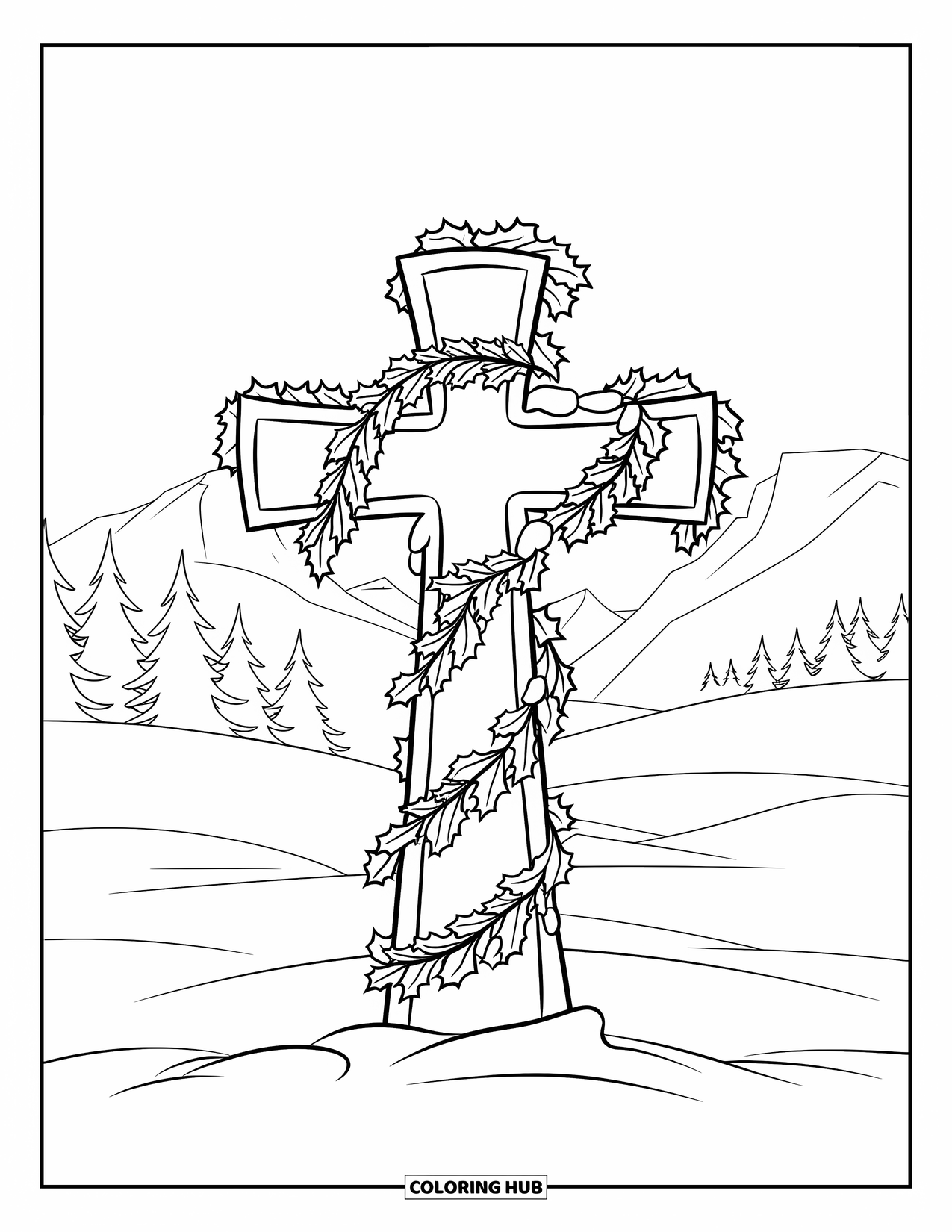 Christian Christmas Coloring Page for Kids: A holly-covered cross stands on a snowy hill with peaceful mountains in the distance