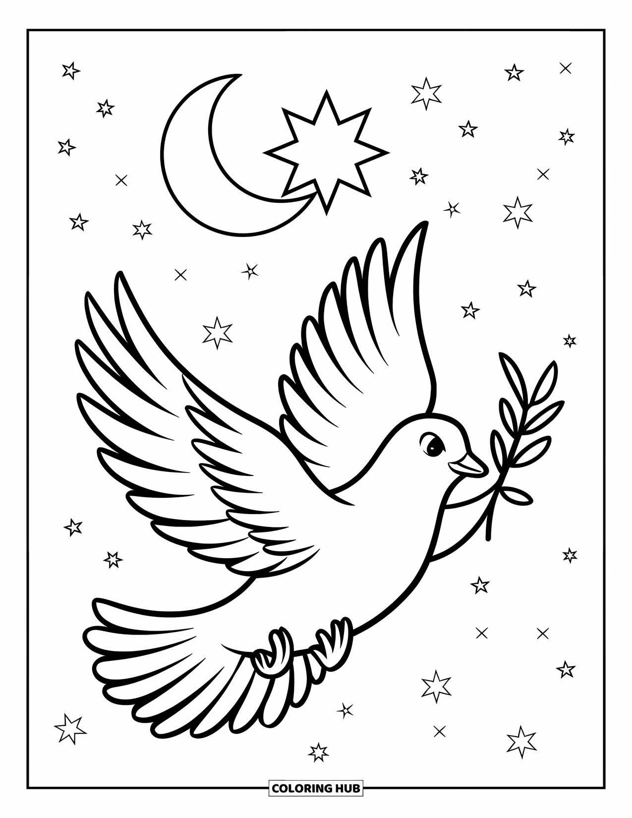 Christian Christmas Coloring Page for Kids: A large dove glides beneath stars and a crescent moon in a Christmas sky