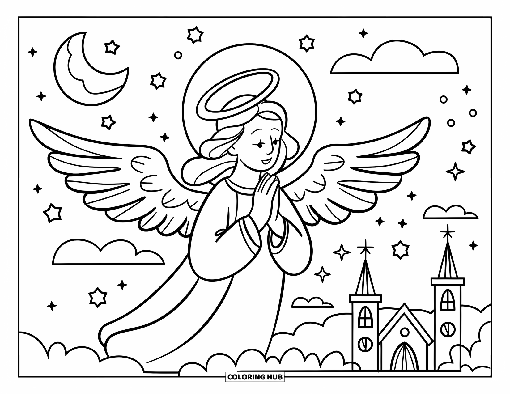 Christian Christmas Coloring Page for Kids: A praying angel with a halo hovers in a starry sky above a church