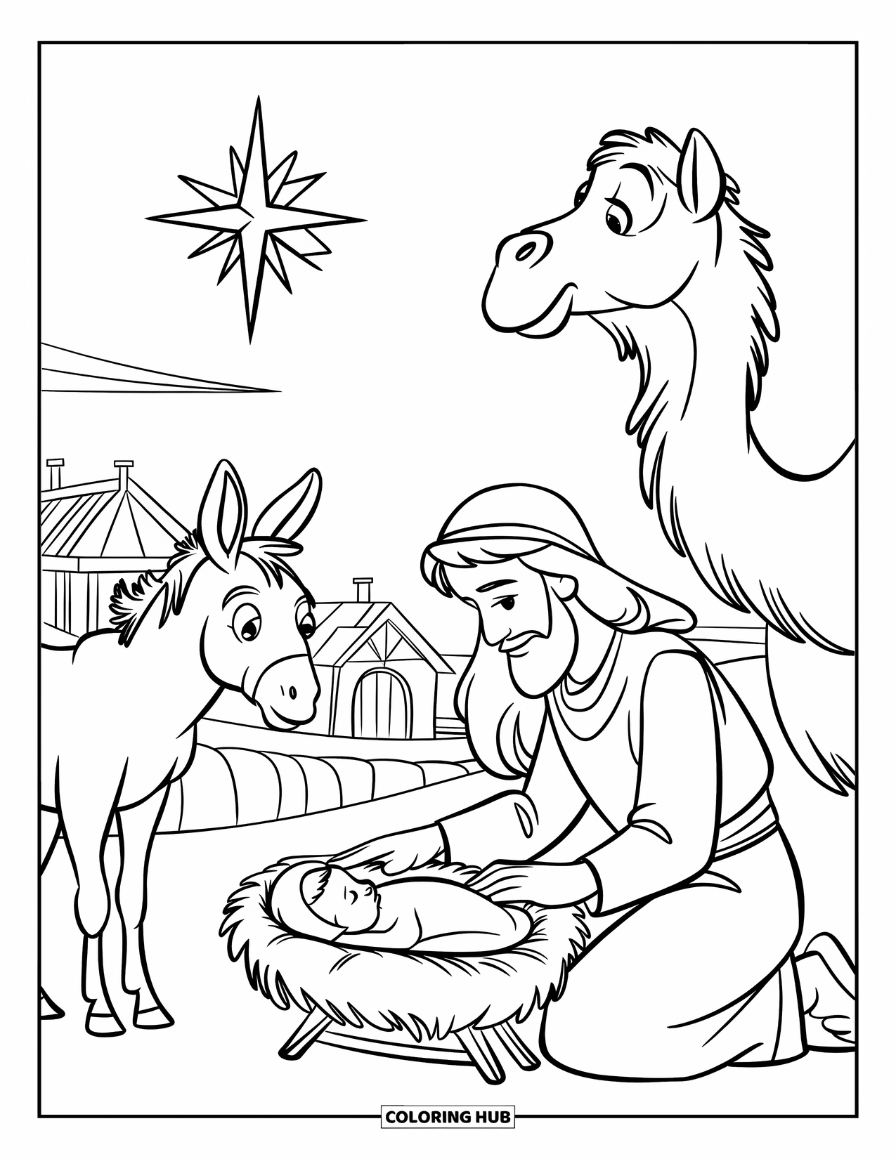 Christian Christmas Coloring Page for Kids: A shepherd kneels near baby Jesus as a star shines above a peaceful village