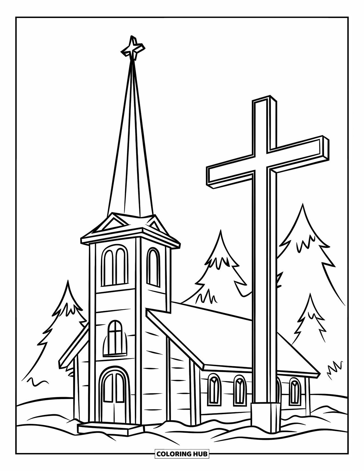 Christian Christmas Coloring Page for Kids: A snowy church stands tall with a steeple and a glowing Christian cross