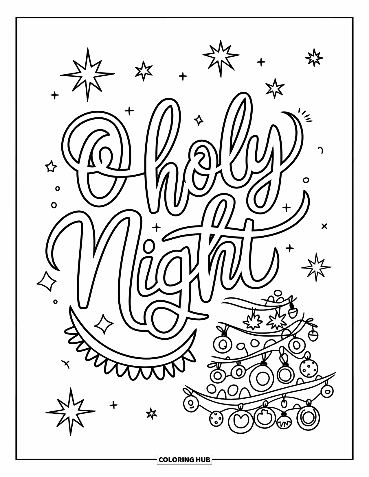 Christian Christmas Coloring Page for Kids: A sparkling tree shines under the words ìO Holy Nightî in graceful cursive script