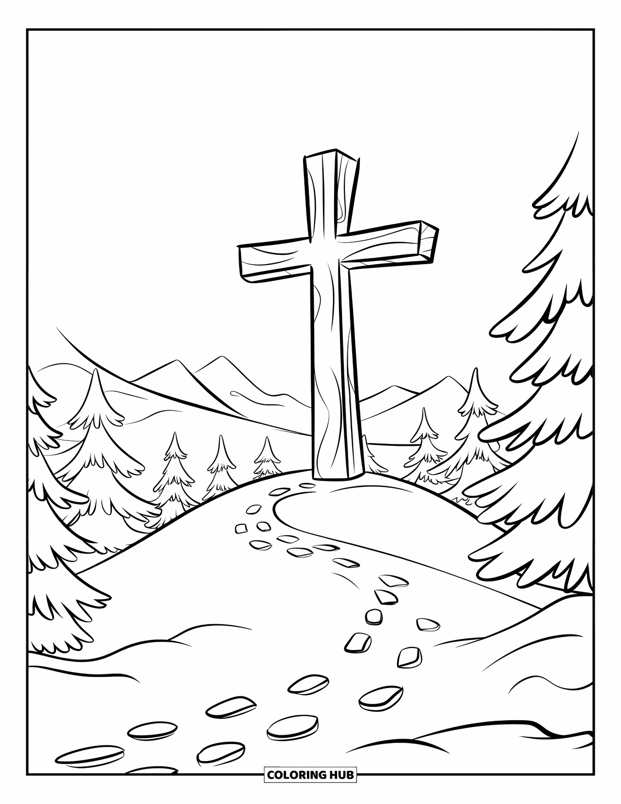 Christian Christmas Coloring Page for Kids: A wooden cross stands proudly on a snowy hill with mountains in the distance