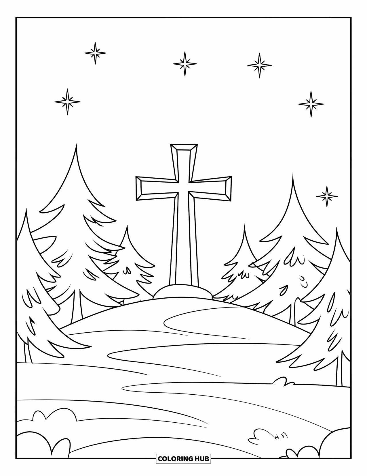 Christian Christmas Coloring Page for Kids: A wooden cross stands tall on a snowy hill surrounded by pine trees