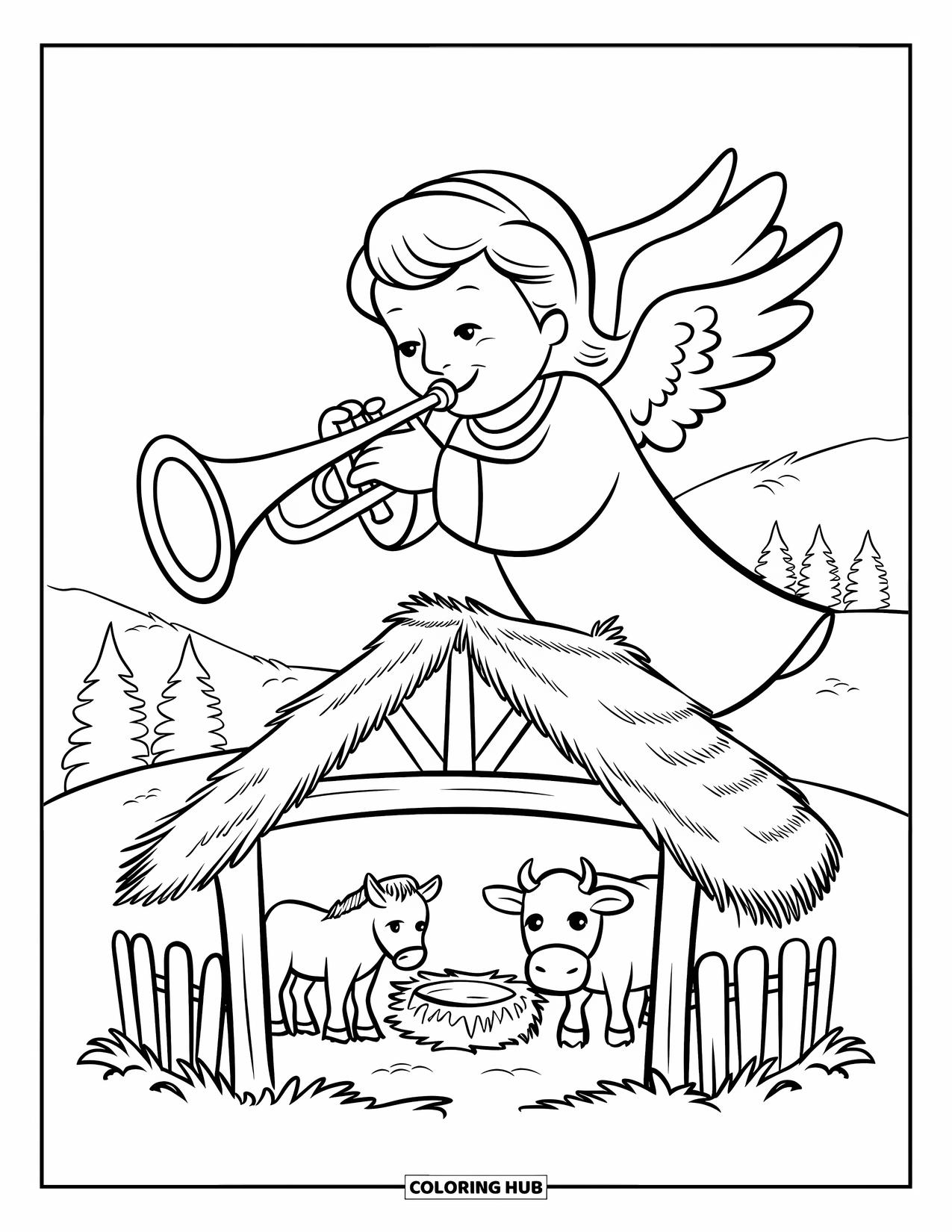 Christian Christmas Coloring Page for Kids: An angel plays a trumpet as animals rest peacefully in a Christmas stable