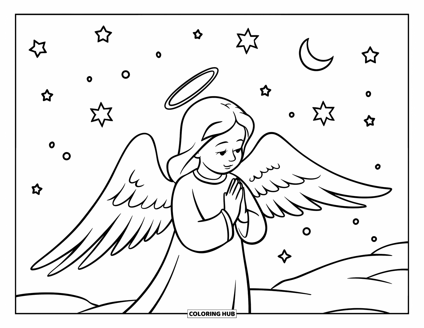 Christian Christmas Coloring Page for Kids: An angel with a halo and wide wings prays under a snowy, starry Christmas sky
