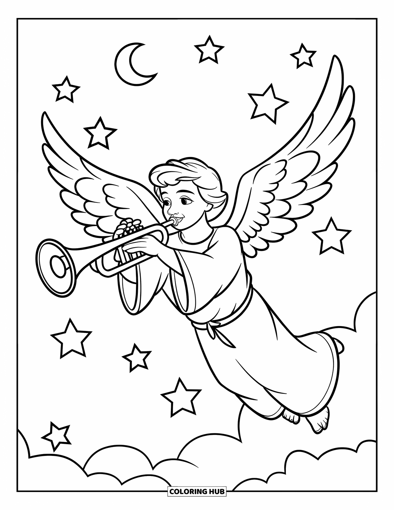 Christian Christmas Coloring Page for Kids: Angel Gabriel blows a trumpet under stars and a crescent moon in the night sky