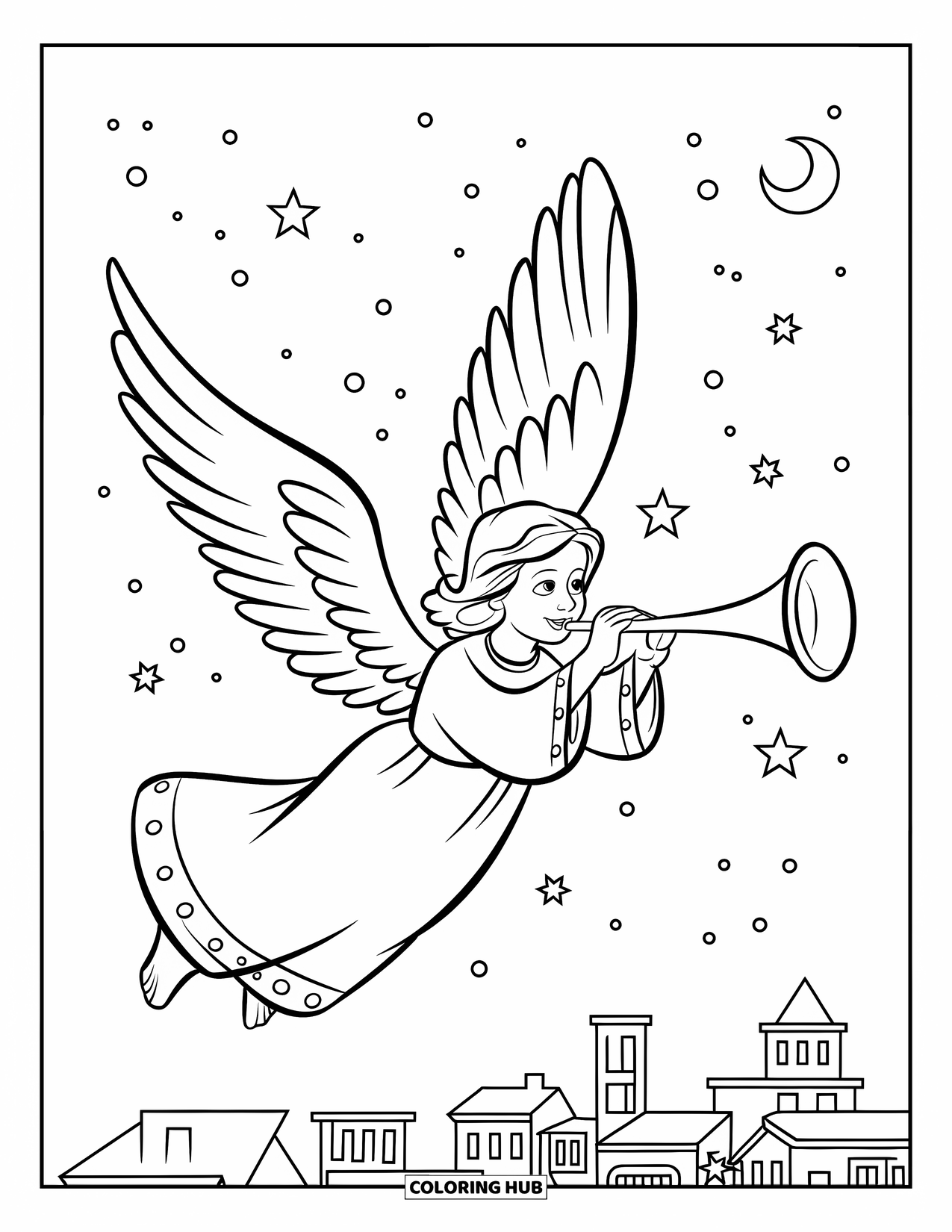Christian Christmas Coloring Page for Kids: Angel Gabriel flies through a starry sky with a trumpet above a city below