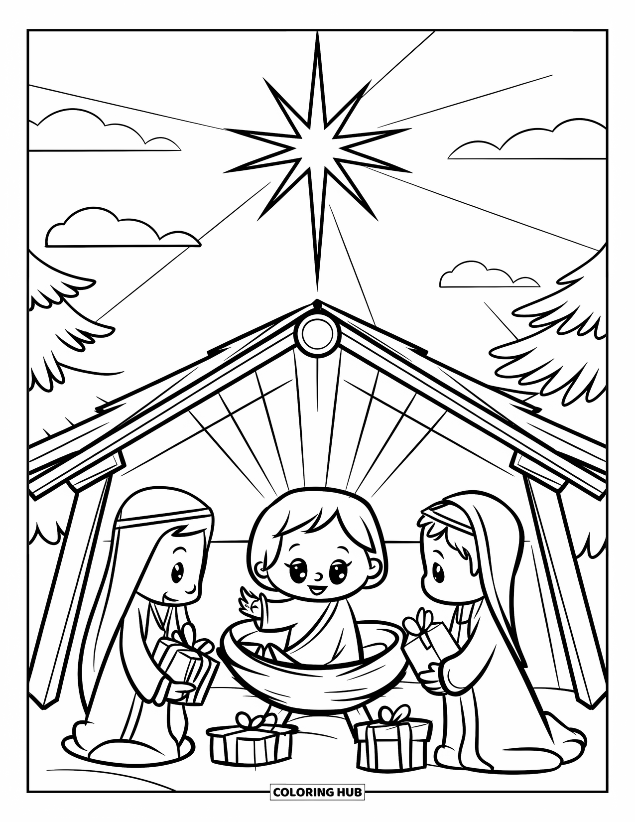 Christian Christmas Coloring Page for Kids: Chibi baby Jesus lies under a glowing star as wise men gather nearby