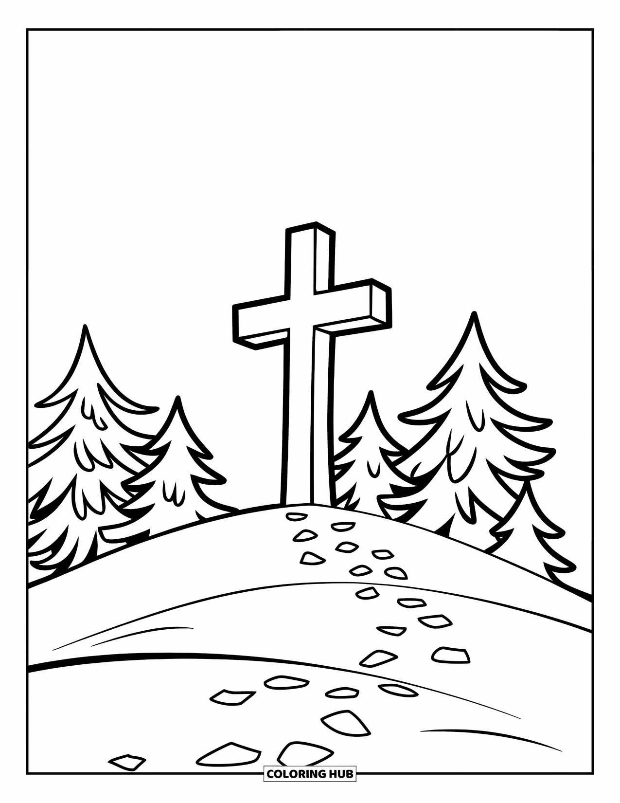 Christian Christmas Coloring Page for Kids: Footprints lead to a tall cross on a snowy hill with fir trees around