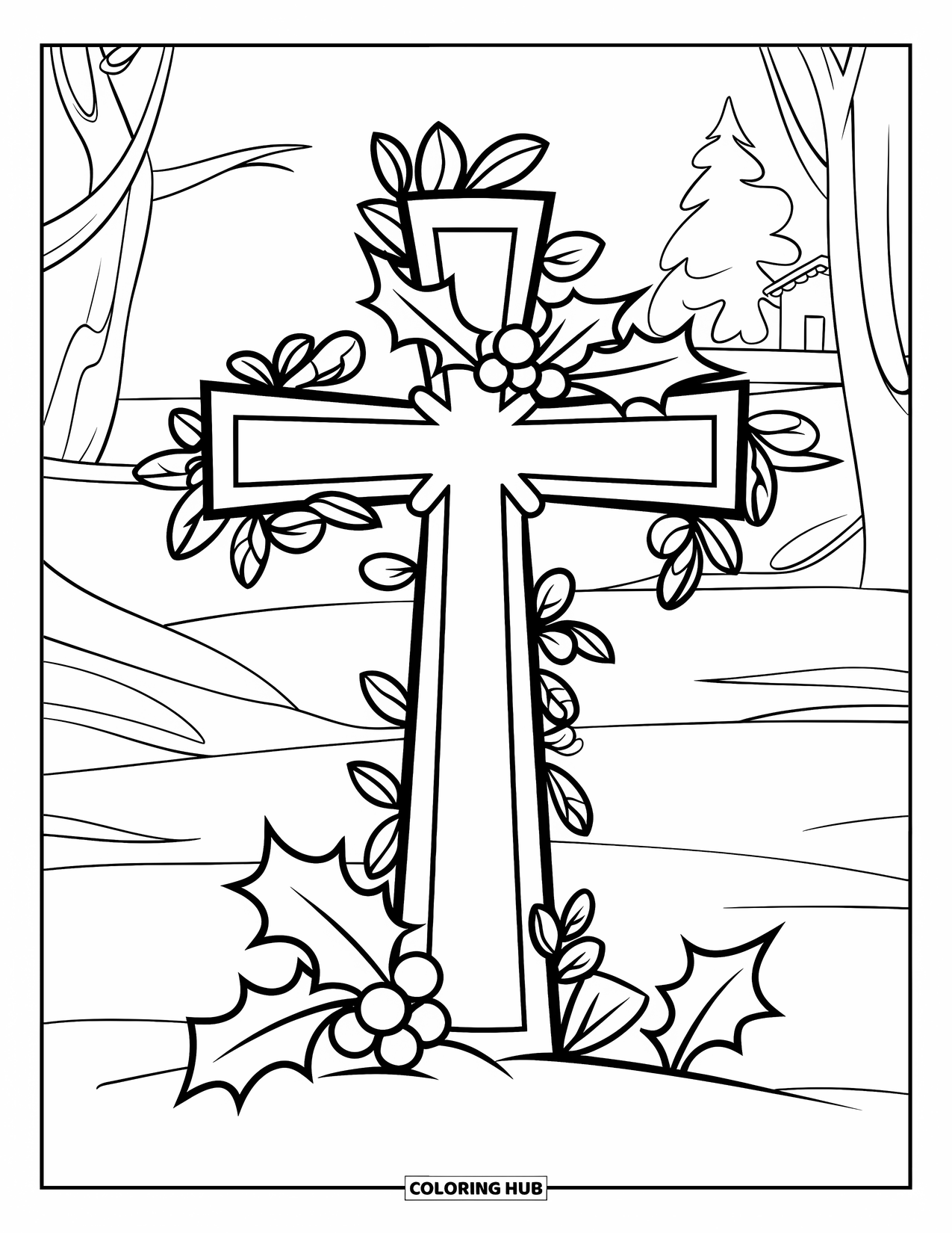 Christian Christmas Coloring Page for Kids: Holly and berries decorate a cross standing in a snowy scene with distant buildings