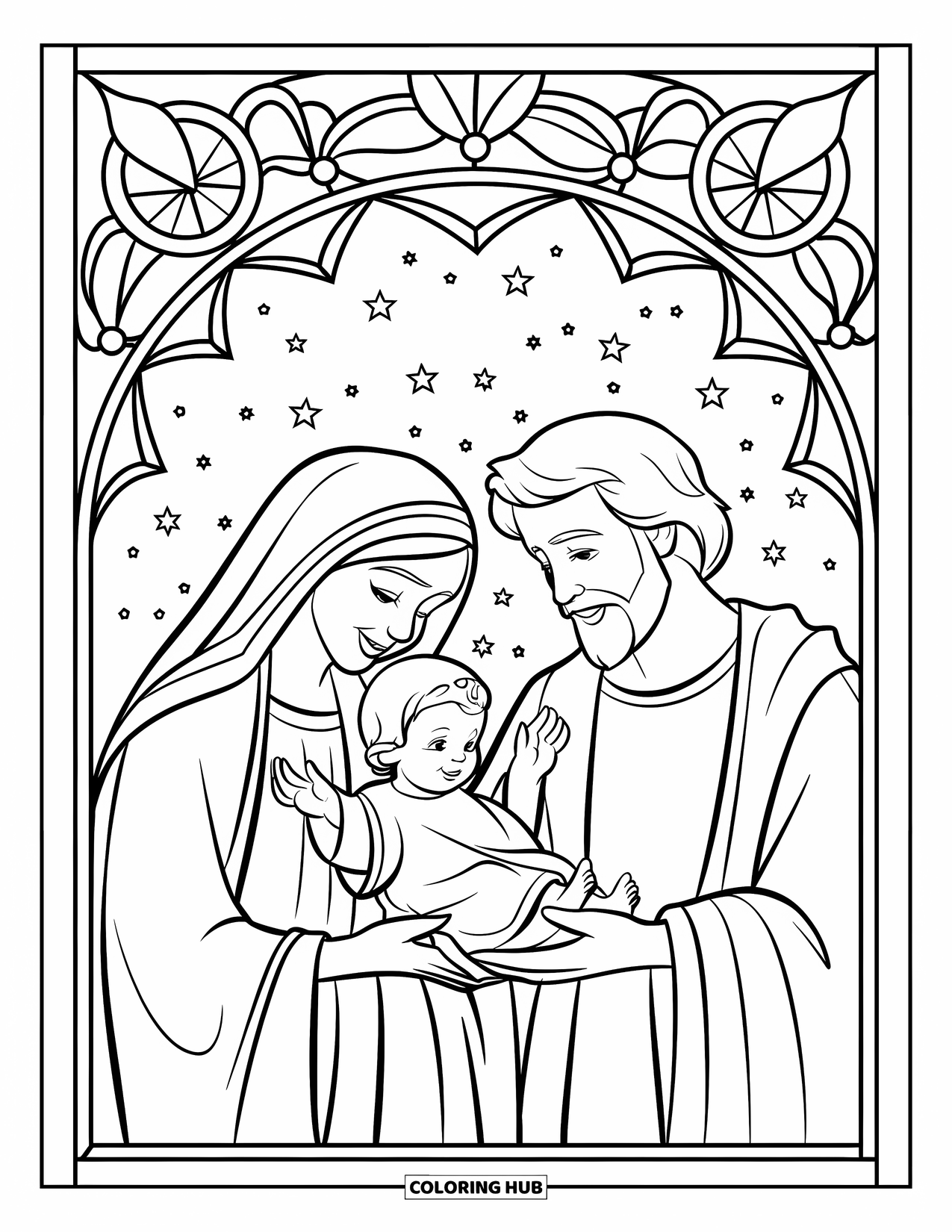 Christian Christmas Coloring Page for Kids: Mary and Joseph hold baby Jesus under a starry sky within a stained-glass border