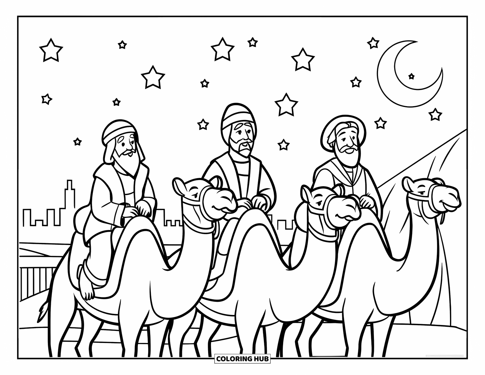 Christian Christmas Coloring Page for Kids: Three wise men and camels gather near a stable under a starry, moonlit sky
