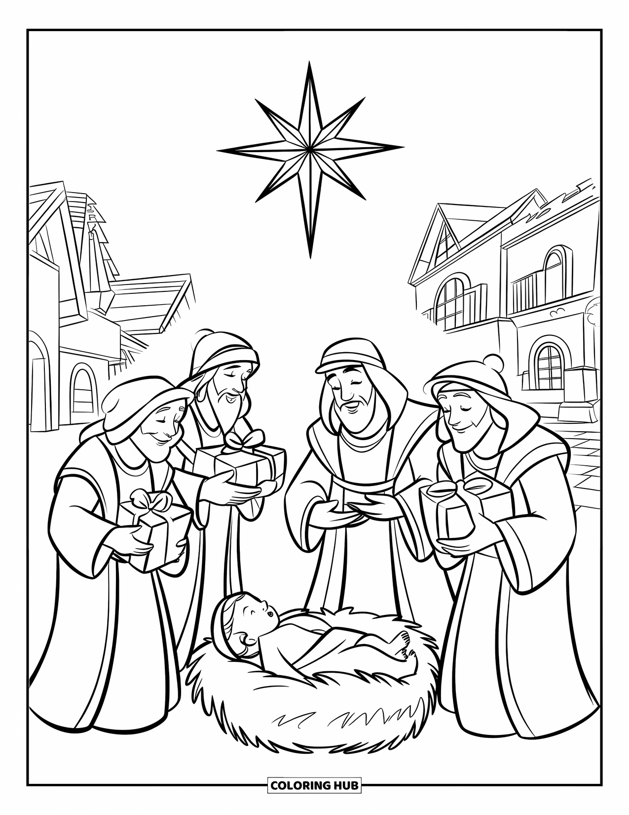 Christian Christmas Coloring Page for Kids: Wise men and townsfolk gather near baby Jesus under a glowing star in the manger