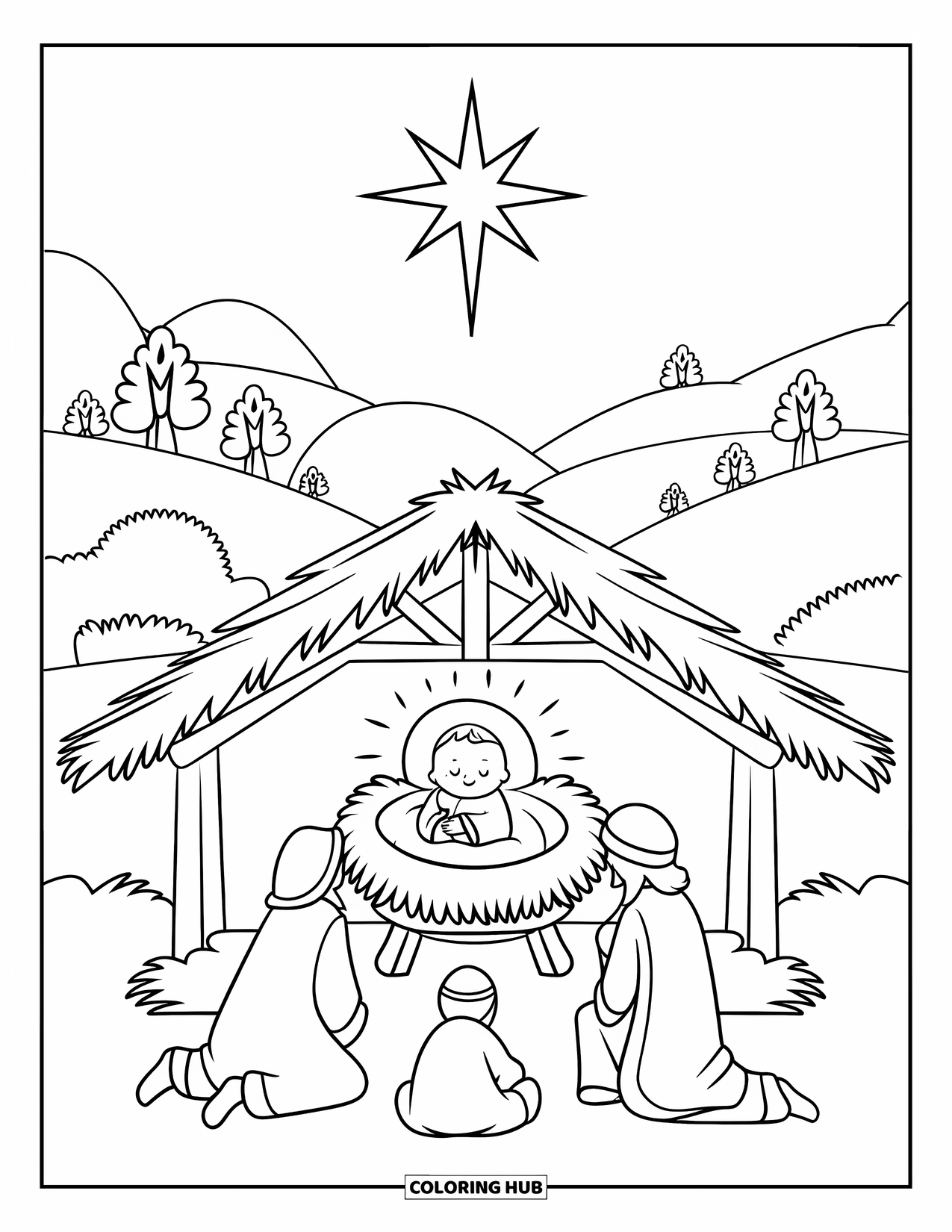 Christian Christmas Coloring Page for Kids: Wise men kneel near baby Jesus in a manger surrounded by hills and trees