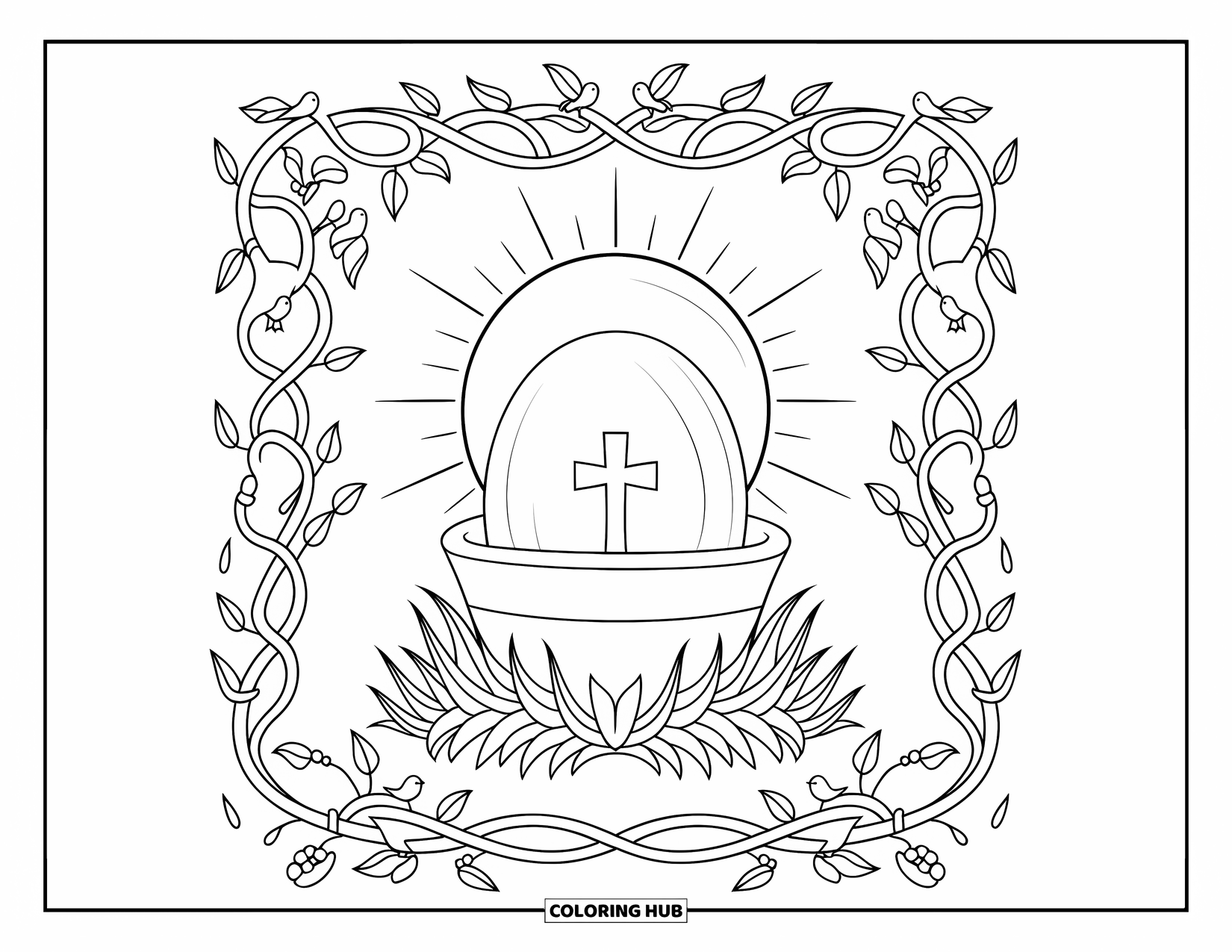 Christian Easter Coloring Page for Adults: A bright tomb surrounded by lilies and birds rests beneath the Easter sun
