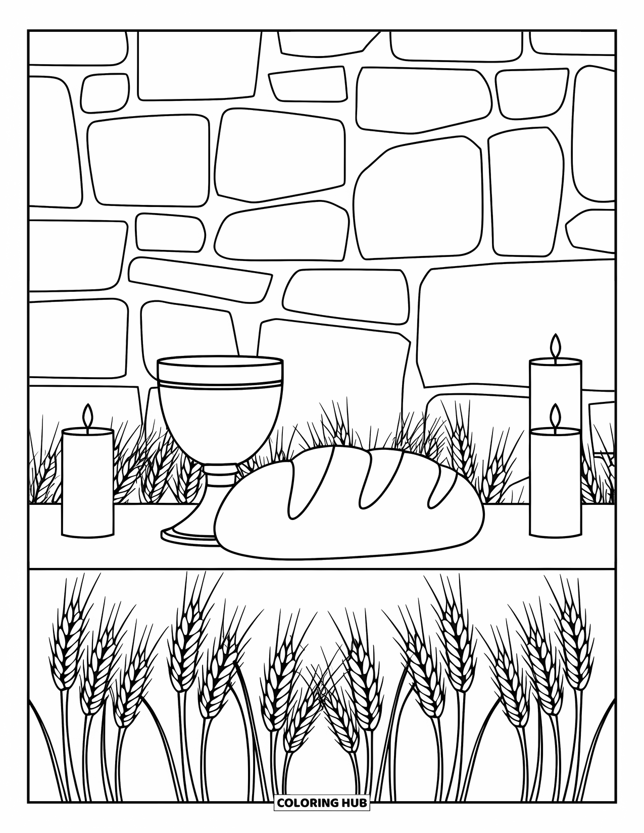 Christian Easter Coloring Page for Adults: A chalice and loaf surrounded by wheat sit beside glowing candles