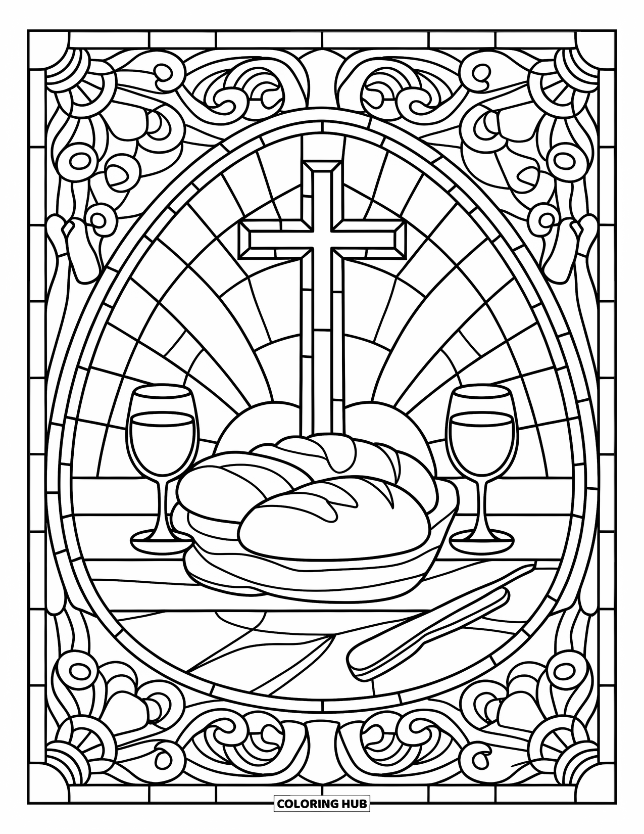 Christian Easter Coloring Page for Adults: A Christian stained glass design of bread and wine framed by swirls