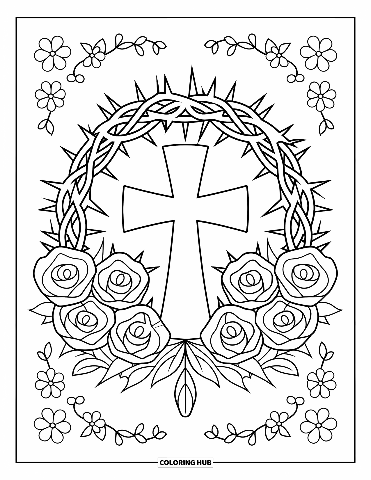 Christian Easter Coloring Page for Adults: A cross and rose crown sit inside a decorative Easter border