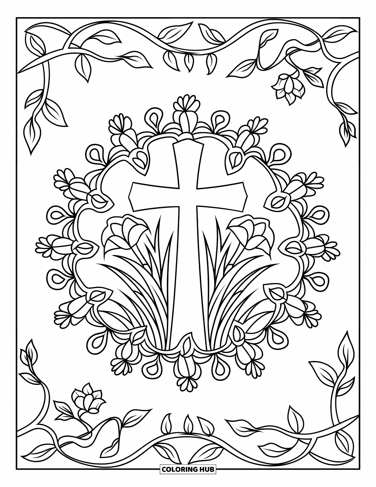 Christian Easter Coloring Page for Adults: A cross is surrounded by lilies and vines in a floral mandala