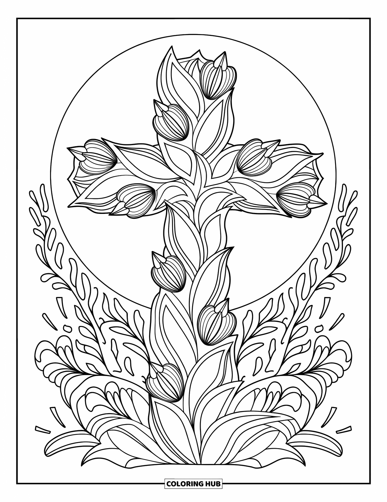 Christian Easter Coloring Page for Adults: A cross made of lilies glows within a circular floral design