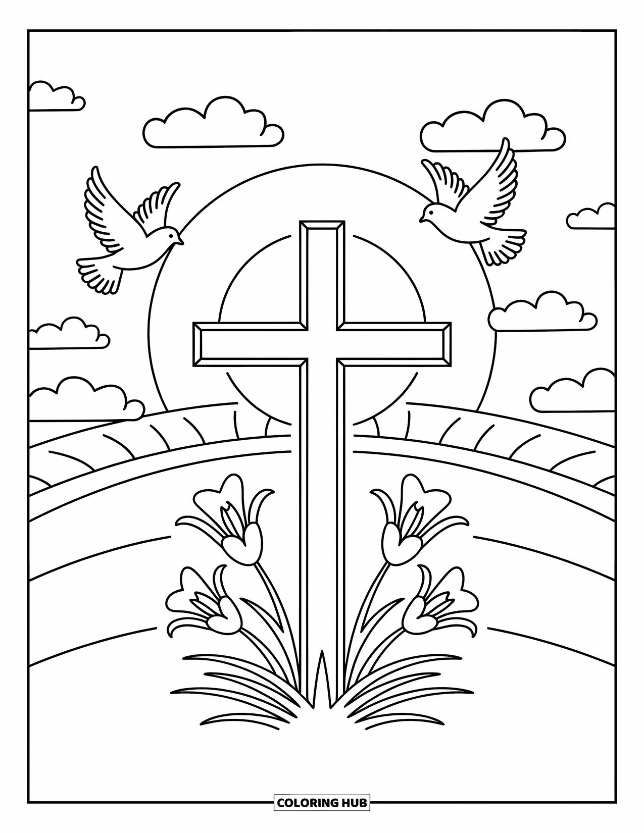 Christian Easter Coloring Page for Adults: A cross with lilies and doves radiates gentle morning light