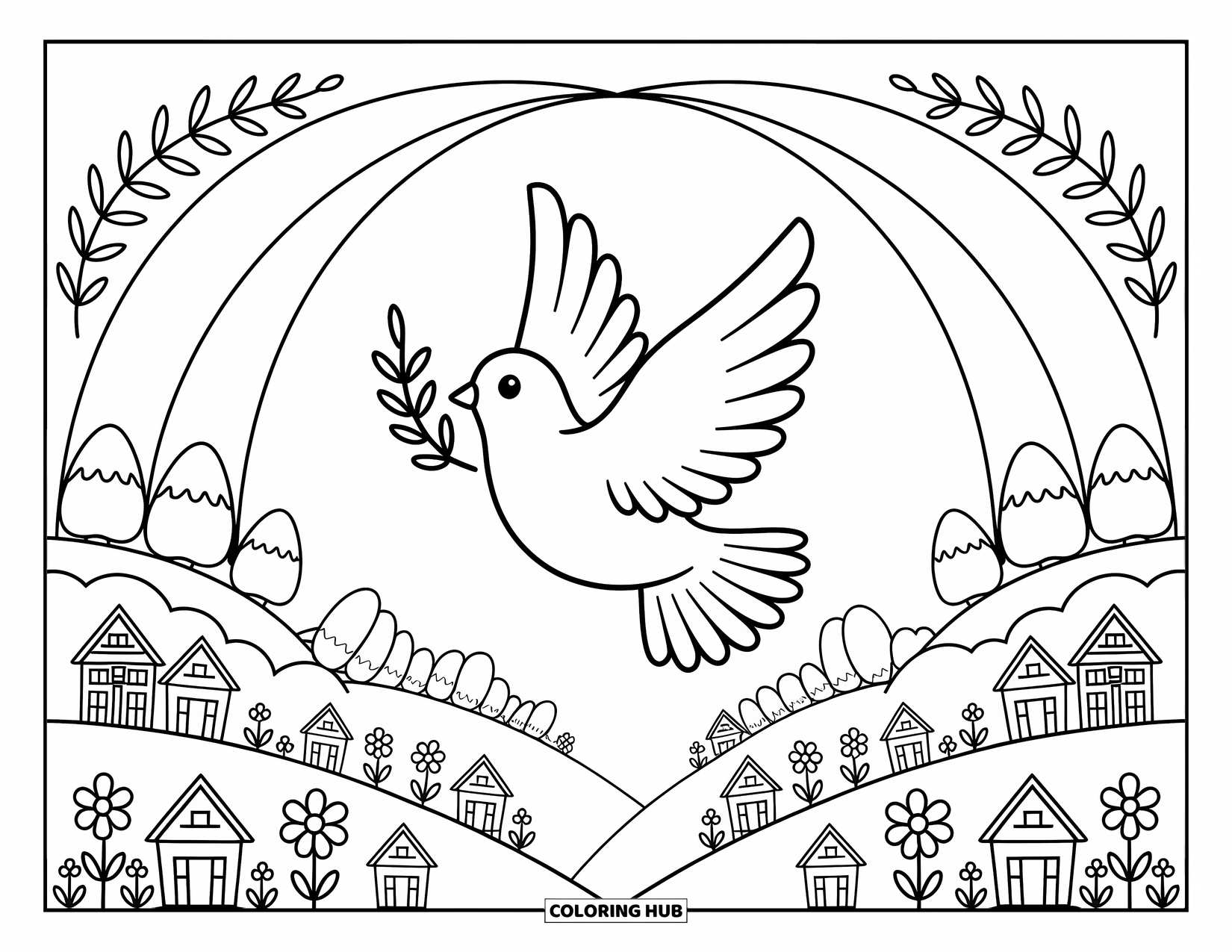 Christian Easter Coloring Page for Adults: A dove flies above blooming hills and tiny cottages under curved sunbeams