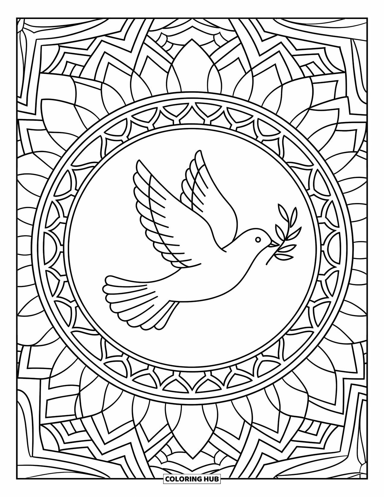 Christian Easter Coloring Page for Adults: A dove flies peacefully with an olive branch inside a mandala