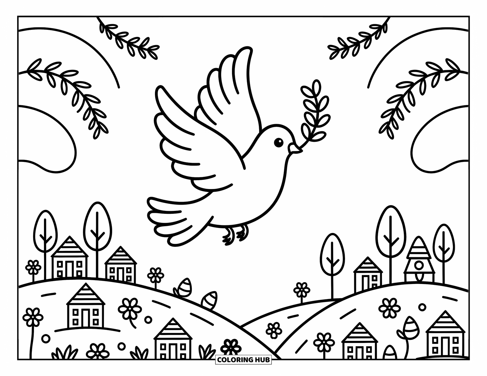 Christian Easter Coloring Page for Adults: A gentle dove with an olive branch soars above a peaceful spring valley
