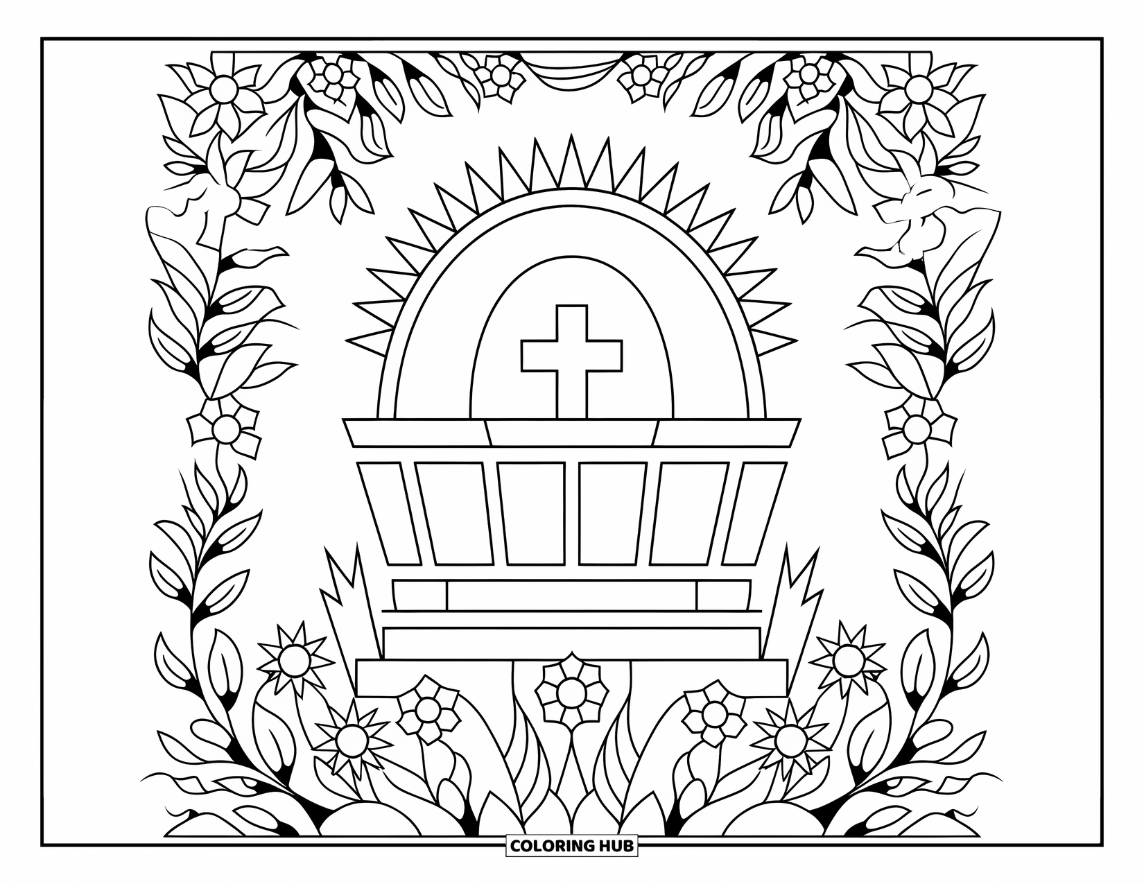 Christian Easter Coloring Page for Adults: A glowing Easter tomb shines beneath a bright sun and floral border