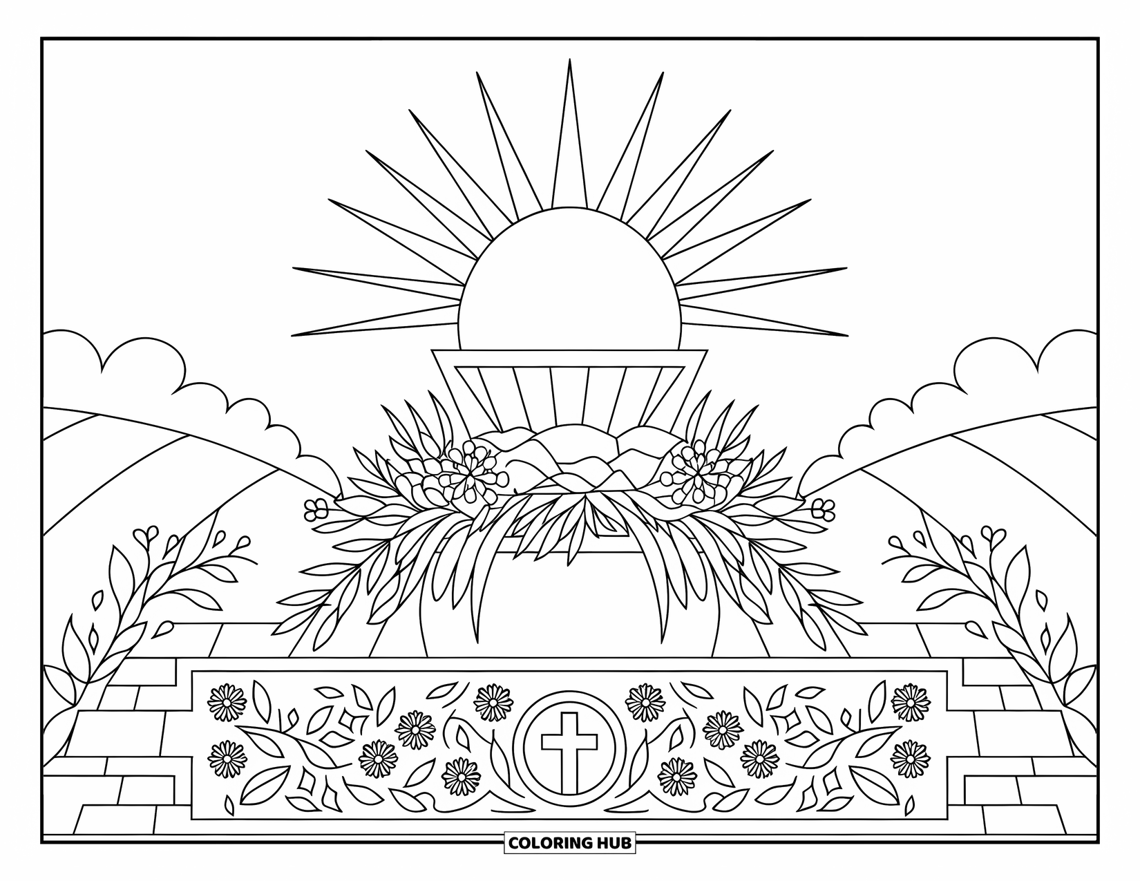 Christian Easter Coloring Page for Adults: A radiant tomb surrounded by flowers glows under a rising Easter sun