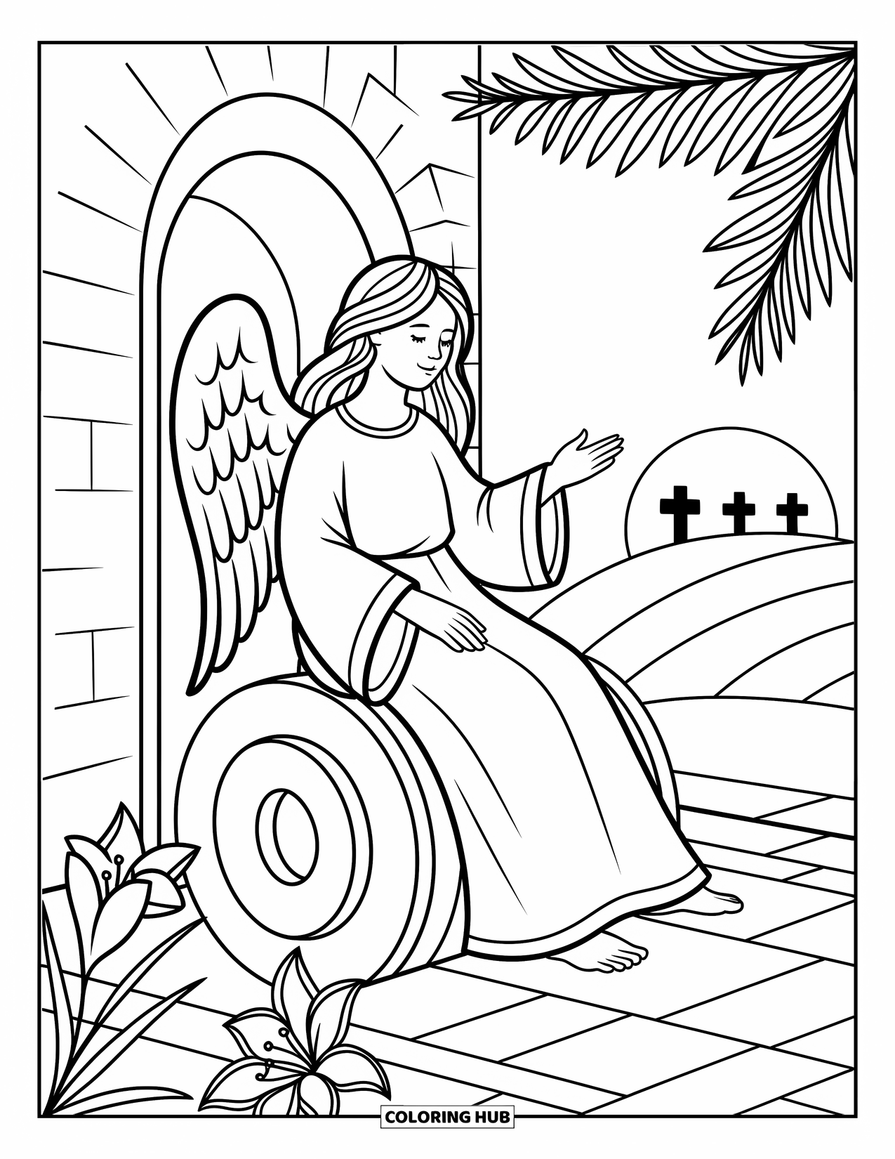 Christian Easter Coloring Page for Adults: An angel on a stone smiles beside the tomb and distant crosses