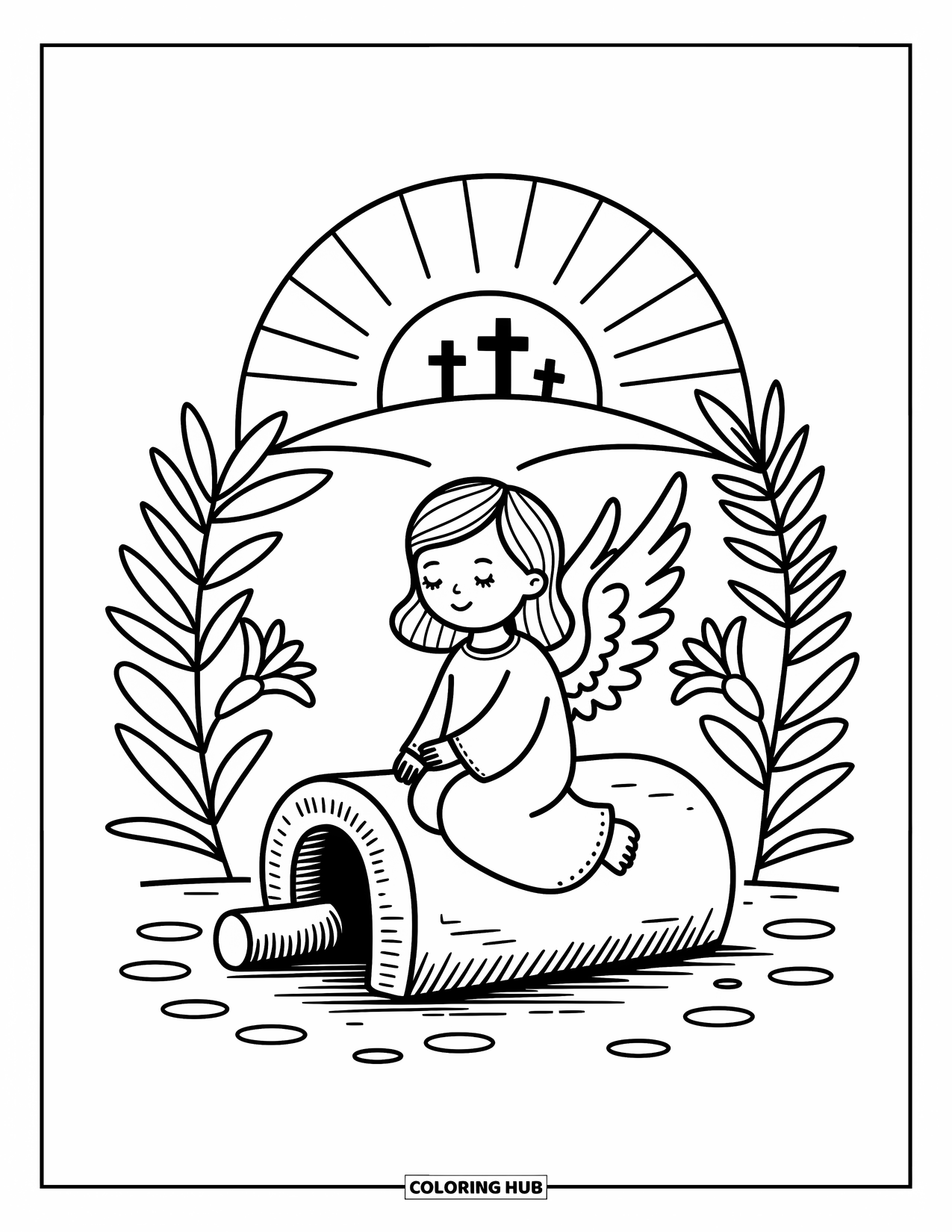 Christian Easter Coloring Page for Adults: An angel sits on the stone by the open tomb at sunrise