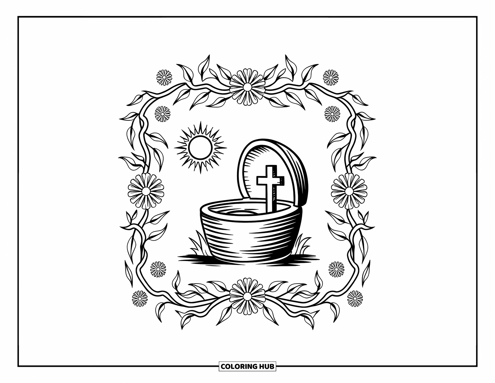 Christian Easter Coloring Page for Adults: An open tomb with a glowing cross is framed by floral vines