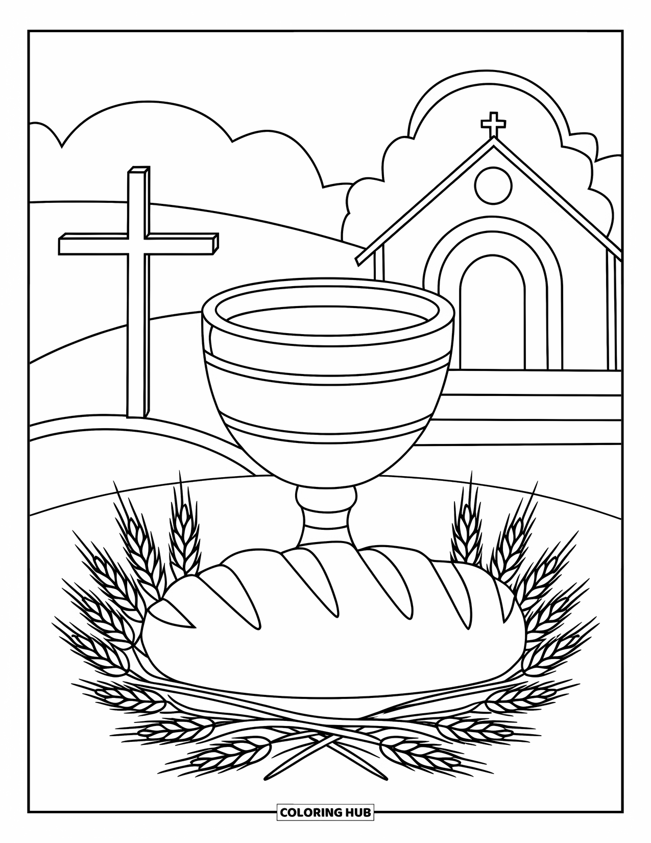 Christian Easter Coloring Page for Adults: Bread and wine sit with wheat and flowers in a sacred Easter scene