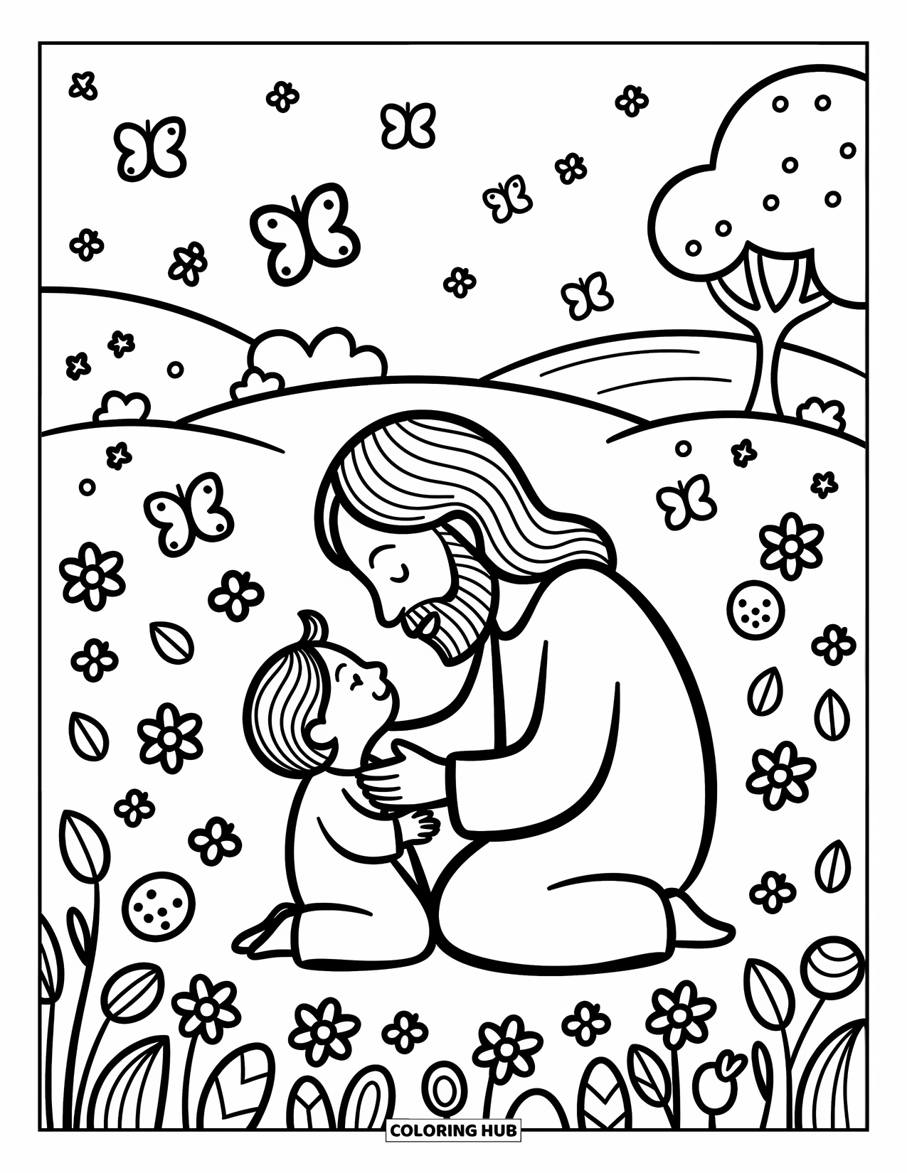 Christian Easter Coloring Page for Adults: Jesus and a child share a loving moment beneath soft branches and blooms